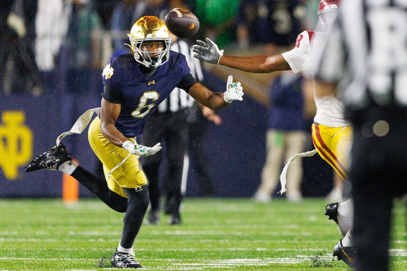 Notre Dame cornerback Christian Gray (6) intercepts a pass in the second half of a NCAA football game against Southern California at Notre Dame Stadium on Saturday, Oct. 18, 2025, in South Bend.