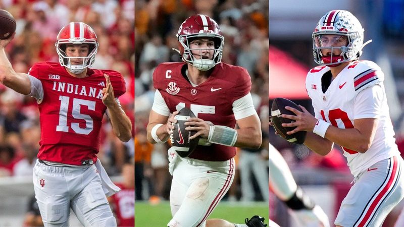 Fernando Mendoza, Indiana (from left); Ty Simpson, Alabama; Julian Sayin, Ohio State