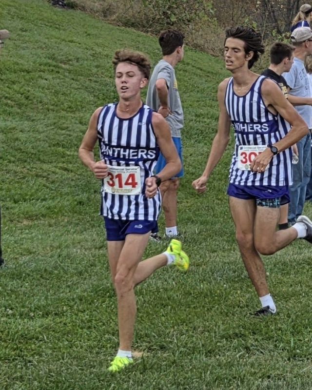 Bloomington South's Chase Norris (314) and Abe Brown work together early in the Bedford North Lawrence boys cross country sectional race on Saturday, Oct. 18, 2025.