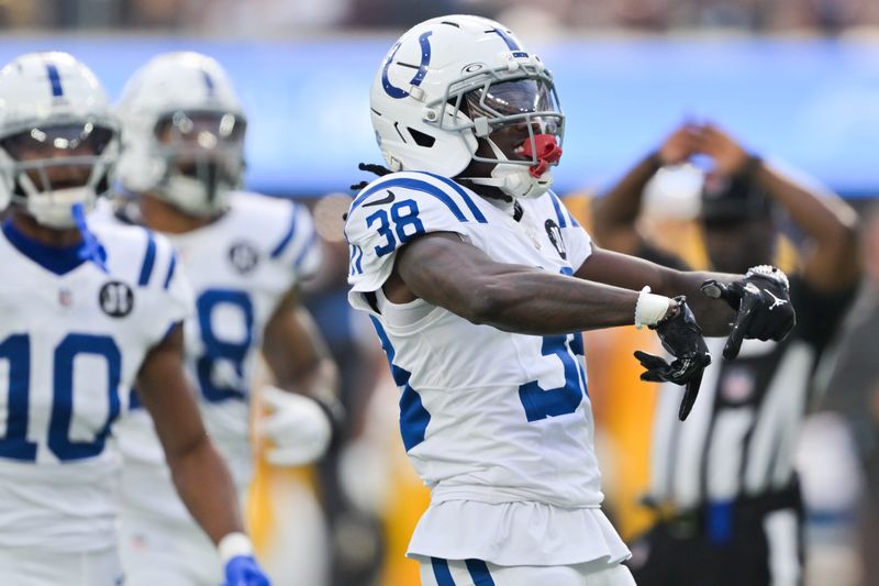 Oct 19, 2025; Inglewood, California, USA; Indianapolis Colts cornerback Chris Lammons (38) reacts after a defensive stop in the first half against the Los Angeles Chargers at SoFi Stadium. Mandatory Credit: Jayne Kamin-Oncea-Imagn Images