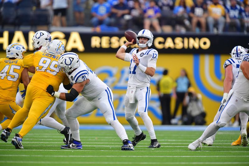 Oct 19, 2025; Inglewood, California, USA; Indianapolis Colts quarterback Daniel Jones (17) throws the ball in the second half against the Los Angeles Chargers at SoFi Stadium. Mandatory Credit: Gary A. Vasquez-Imagn Images