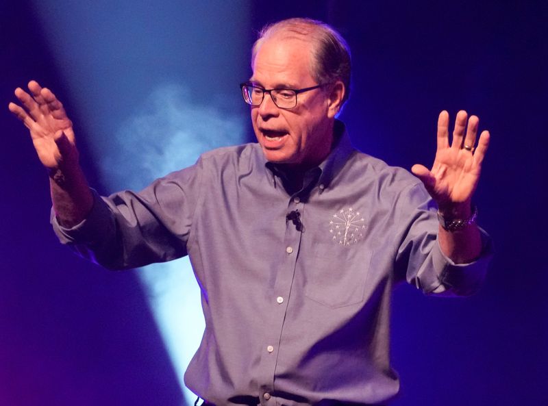 Indiana Gov. Mike Braun speaks Tuesday, Oct. 21, 2025, during a Turning Point USA tour stop at the Indiana University Auditorium in Bloomington.