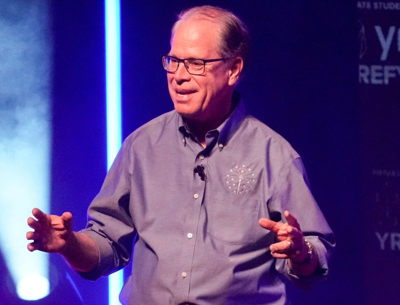 Indiana Gov. Mike Braun speaks Tuesday, Oct. 21, 2025, during a Turning Point USA tour stop at the Indiana University Auditorium in Bloomington.
