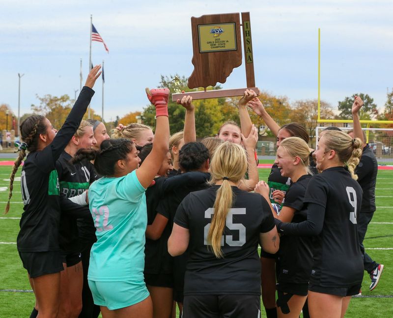 Bremen girls soccer celebrates winning an IHSAA Class 1A girls soccer semi-state championship with a 4-0 victory against Lapel October, 25, 2025, in Kokomo.