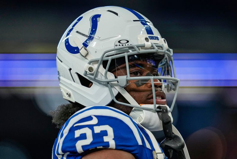 Indianapolis Colts cornerback Kenny Moore II (23) jogs onto the field Sunday, Oct. 26, 2025, ahead of the game at Lucas Oil Stadium in Indianapolis.