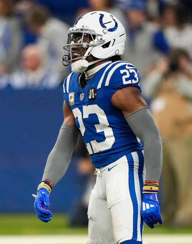 Indianapolis Colts cornerback Kenny Moore II (23) yells in excitement Sunday, Oct. 26, 2025, during the game at Lucas Oil Stadium in Indianapolis. The Indianapolis Colts defeated the Tennessee Titans, 38-14.