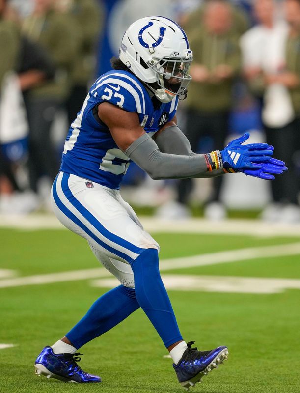 Indianapolis Colts cornerback Kenny Moore II (23) celebrates Sunday, Oct. 26, 2025, during the game at Lucas Oil Stadium in Indianapolis. The Indianapolis Colts defeated the Tennessee Titans, 38-14.