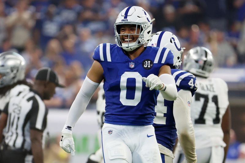 Oct 5, 2025; Indianapolis, Indiana, USA; Indianapolis Colts safety Cam Bynum (0) reacts after a play against the Las Vegas Raiders during the second half at Lucas Oil Stadium. Mandatory Credit: Trevor Ruszkowski-Imagn Images