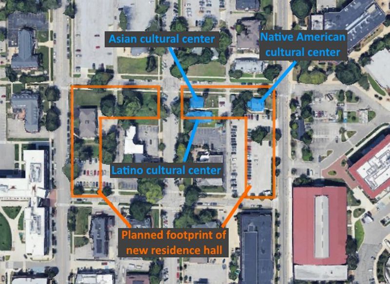 The footprint of possible new construction where three Purdue University student cultural centers sit.