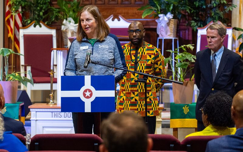 Linda Broadfoot, of Second Helpings, speaks Thursday, Oct. 30, 2025, during a press conference at Bethel Cathedral AME Church in Indianapolis. The press conference, consisting of city and community leaders, was called to announce emergency funding and additional resources to help those affected by the lapse in SNAP benefits expected on Nov. 1.