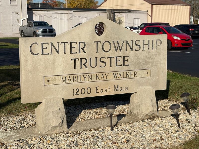 Sign outside the Center Township trustee's office in Muncie, Indiana.