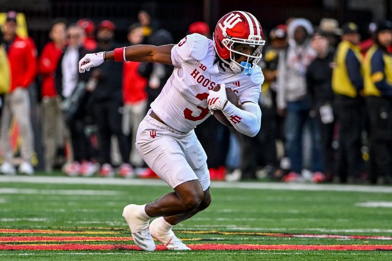 Nov 1, 2025; College Park, Maryland, USA; Indiana Hoosiers wide receiver Omar Cooper Jr. (3) runs after a catch during the first quarter against the Maryland Terrapins at SECU Stadium. Mandatory Credit: Tommy Gilligan-Imagn Images