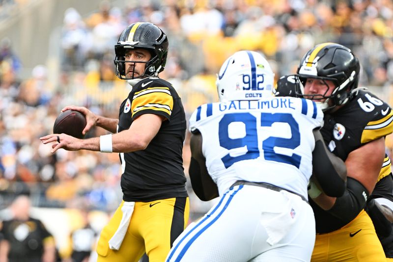 Nov 2, 2025; Pittsburgh, Pennsylvania, USA; Pittsburgh Steelers quarterback Aaron Rodgers (8) drops back to make a pass during the first half against the Indianapolis Colts at Acrisure Stadium. Mandatory Credit: Barry Reeger-Imagn Images