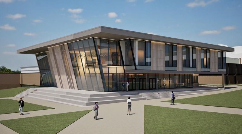 A rendering of what the northeast facade of the Wright Administration Building will look like following renovations.