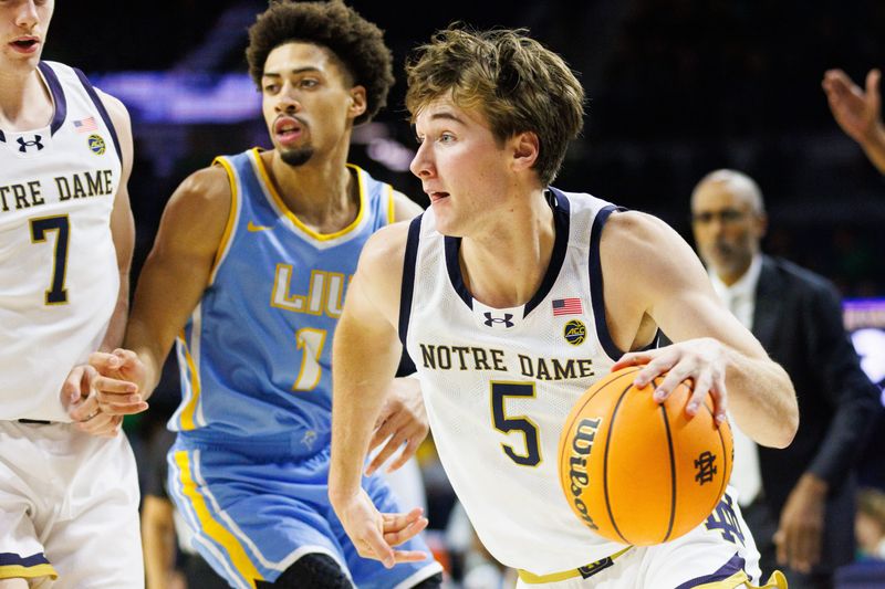 Notre Dame guard Cole Certa (5) drives to the basket during a NCAA basketball game against LIU Brooklyn at Purcell Pavilion on Monday, Nov. 3, 2025, in South Bend.