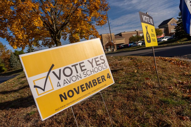 Avon Schools referendum signs sit Tuesday, Nov. 4, 2025, in front of Avon United Methodist Church in Avon, Indiana.