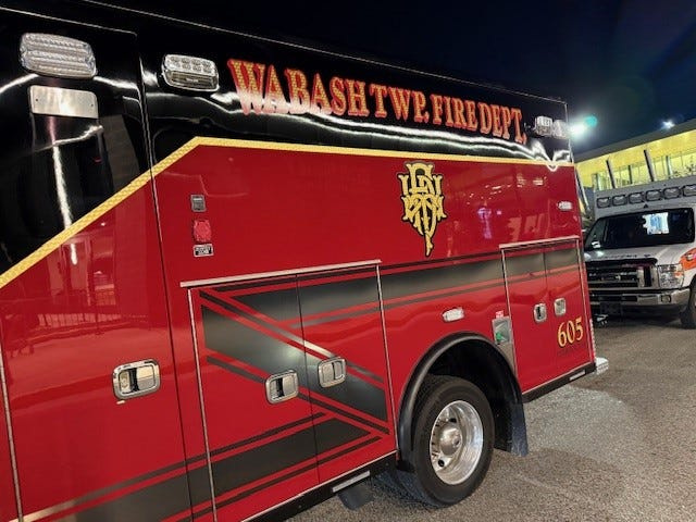 A Wabash Township fire truck sits outside of Ross-Ade Stadium in West Lafayette, Indiana.