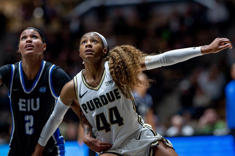 Purdue player Tara Daye (44) blocks out during the NCAA women’s basketball game between the Eastern Illinois Panthers at the Purdue Boilermakers, Thursday Nov. 6, 2025, at Mackey Arena in West Lafayette, Ind. Purdue won 82-67