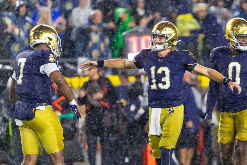 Oct 18, 2025; South Bend, Indiana, USA; Notre Dame Fighting Irish quarterback CJ Carr (13) celebrates with tight end Ty Washington (7) during the second half against the Southern California Trojans at Notre Dame Stadium. Mandatory Credit: Michael Caterina-Imagn Images