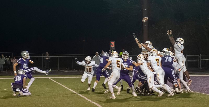 South's Sam Stolberg (52) kicks the winning field goal during the Bloomington South versus Bloomington North IHSAA sectional football final at Bloomington High School South on Friday, Nov. 7, 2025.