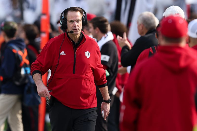 Nov 8, 2025; University Park, Pennsylvania, USA; Indiana Hoosiers head coach Curt Cignetti walks on the sideline during the second quarter against the Penn State Nittany Lions at Beaver Stadium. Mandatory Credit: Matthew O'Haren-Imagn Images