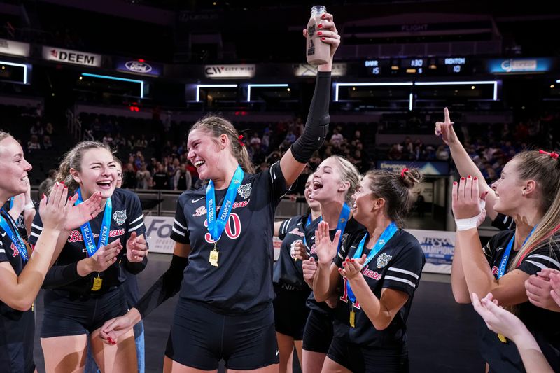 Barr-Reeve celebrates Saturday, Nov. 8, 2025, after winning the Class 2A girls volleyball state championship game between Benton Central and Barr-Reeve at Gainbridge Fieldhouse in Indianapolis. Barr-Reeve defeated Benton Central in five sets.