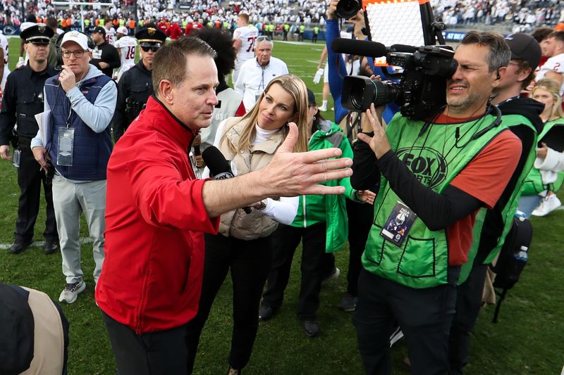 Nov 8, 2025; University Park, Pennsylvania, USA; Indiana Hoosiers head coach Curt Cignetti is interviewed following the game against the Penn State Nittany Lions at Beaver Stadium. Mandatory Credit: Matthew O'Haren-Imagn Images