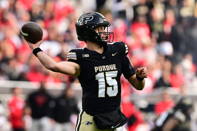 Nov 8, 2025; West Lafayette, Indiana, USA; Purdue Boilermakers quarterback Ryan Browne (15) throws a pass during the third quarter against the Ohio State Buckeyes at Ross-Ade Stadium. Mandatory Credit: Marc Lebryk-Imagn Images