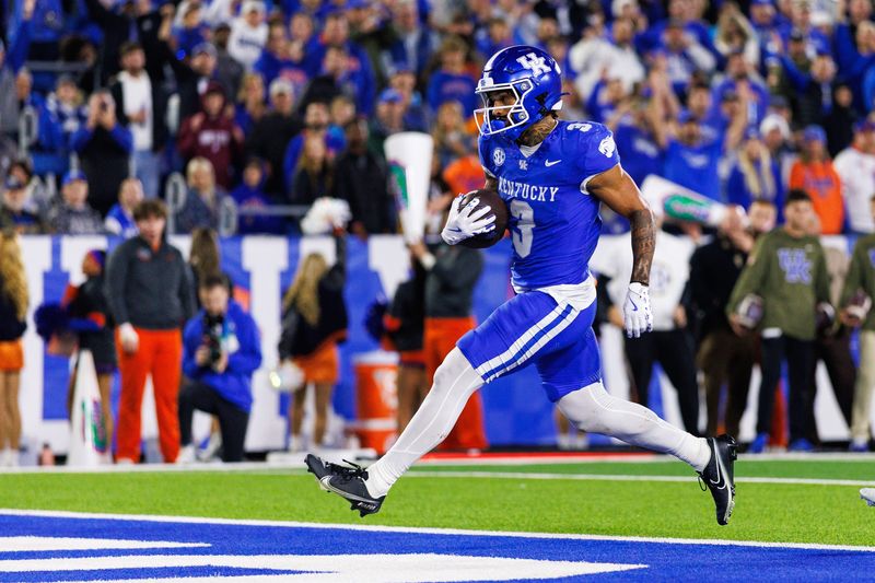 Nov 8, 2025; Lexington, Kentucky, USA; Kentucky Wildcats running back Seth McGowan (3) runs into the end zone for a touchdown during the third quarter against the Florida Gators at Kroger Field. Mandatory Credit: Jordan Prather-Imagn Images