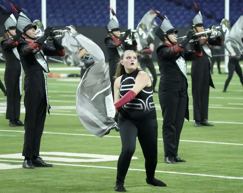 The Penn Marching Kingsmen perform Saturday, Nov. 8, 2025, during the Class A division of the 52nd Indiana State School Music Association marching band state finals at Lucas Oil Stadium in Indianapolis.