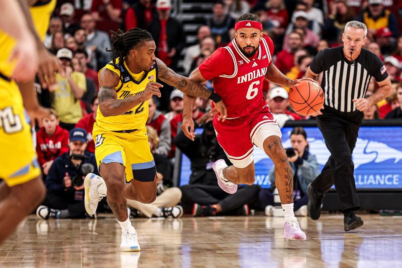 BLOOMINGTON, IN - November 09, 2025 - guard Tayton Conerway #6 of the Indiana Hoosiers during the game between the Marquette Golden Eagles and the Indiana Hoosiers at the United Center in Chicago, IL. Photo By Levi Jones/Indiana Athletics