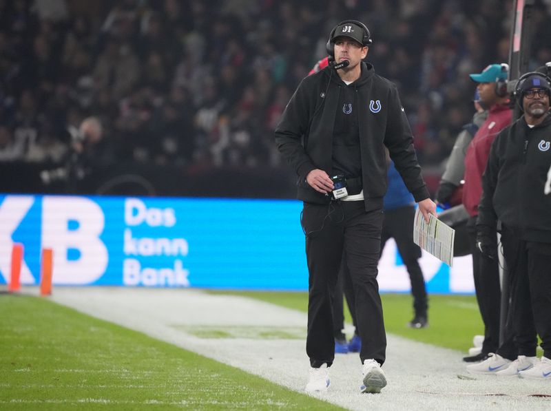 Nov 9, 2025; Berlin, Germany; Indianapolis Colts head coach Shane Steichen in action against the Atlanta Falcons during the NFL Berlin Game at Olympic Stadium. Mandatory Credit: Kirby Lee-Imagn Images