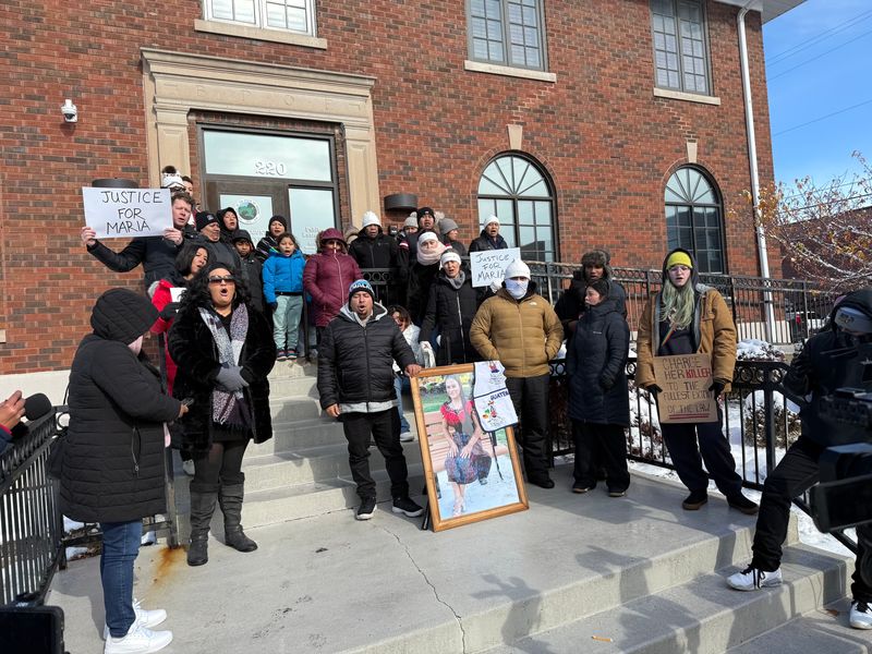 A peaceful gathering happened on the steps of the Boone County Prosecutor's Office to demand justice for the shooting death in Whitestown, Indiana of 32-year-old Maria Florinda Ríos Pérez de Velázquez on Nov. 10, 2025.