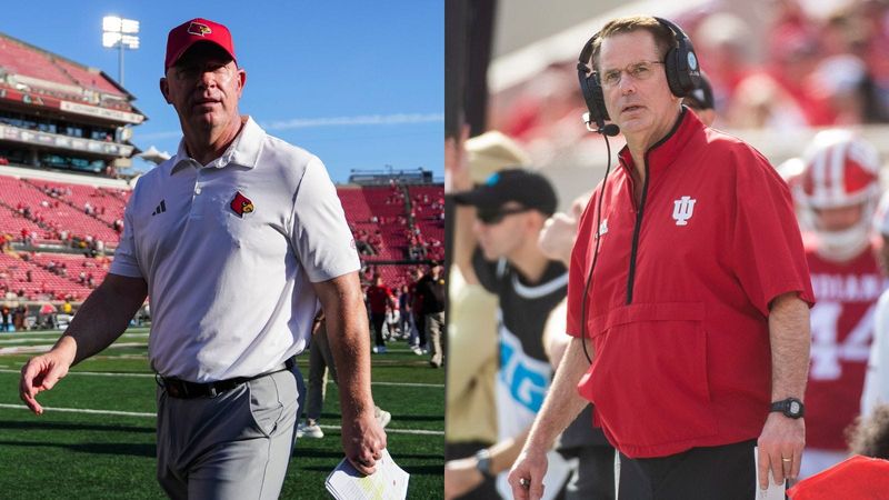 Louisville football coach Jeff Brohm (left); Indiana football coach Curt Cignetti