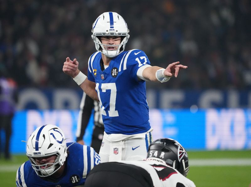 Indianapolis Colts quarterback Daniel Jones gestures before a snap against the Atlanta Falcons.
