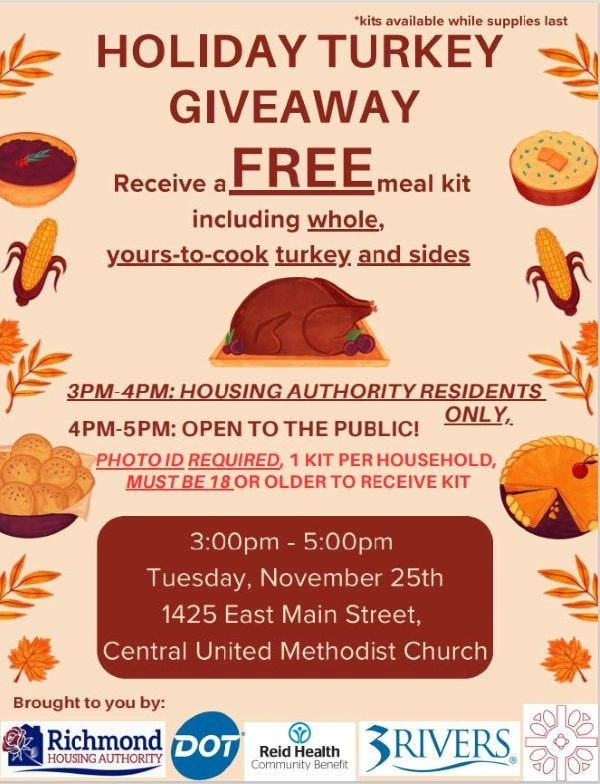 On Tuesday, Nov. 25, the Richmond Housing Authority will be hosting a holiday turkey meal kit giveaway at the Central United Methodist Church in Richmond from 3 to 5 p.m.