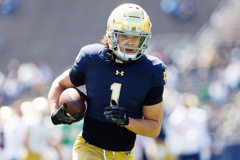 Notre Dame wide receiver Jaden Greathouse warms up during the Notre Dame Blue-Gold spring football game at Notre Dame Stadium on Saturday, April 12, 2025, in South Bend.