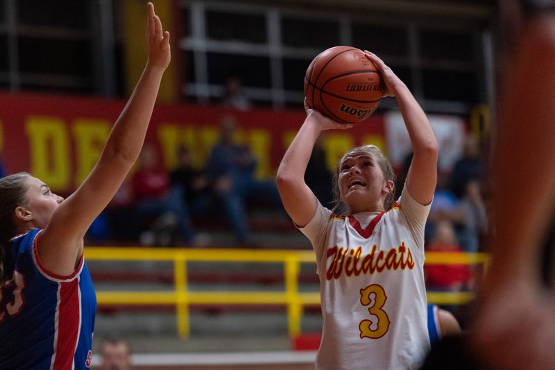 Mater Dei's Izzy Like (3) takes a shot as the Mater Dei Lady Wildcats play the South Knox Lady Spartans at Mater Dei High School in Evansville, Ind., Thursday, Nov. 20, 2025.