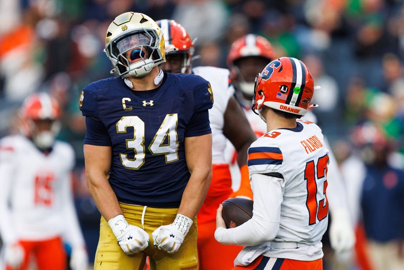 Notre Dame linebacker Drayk Bowen (34) celebrates after sacking Syracuse quarterback Joseph Filardi (13) in the first half of a NCAA football game at Notre Dame Stadium on Saturday, Nov. 22, 2025, in South Bend.