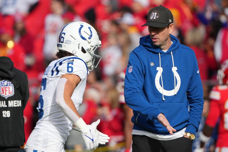 Nov 23, 2025; Kansas City, Missouri, USA; Indianapolis Colts head coach Shane Steichen greets wide receiver Anthony Gould (6) before the game against the Kansas City Chiefs at GEHA Field at Arrowhead Stadium