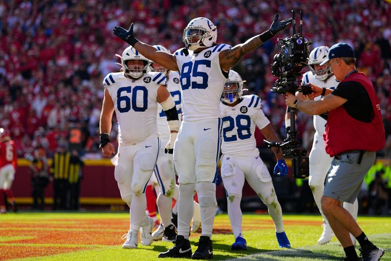 Nov 23, 2025; Kansas City, Missouri, USA; Indianapolis Colts tight end Drew Ogletree (85) celebrates after scoring a touchdown against the Kansas City Chiefs in the second quarter at GEHA Field at Arrowhead Stadium. Mandatory Credit: Jay Biggerstaff-Imagn Images