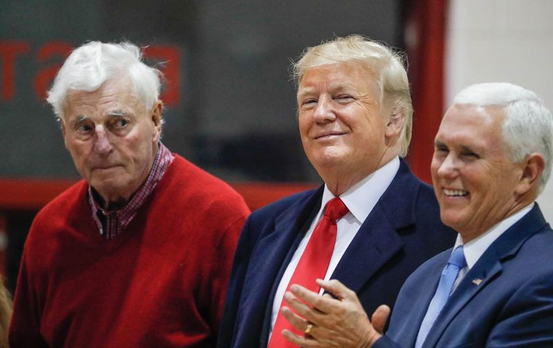 Former IU head basketball coach Bobby Knight, President Donald Trump, and Vice President Mike Pence speaks during a rally for Republican candidate Mike Braun at Southport Fieldhouse on Friday, Nov. 2, 2018.Donald Trump Campaigns For Republican Candidate Mike Braun