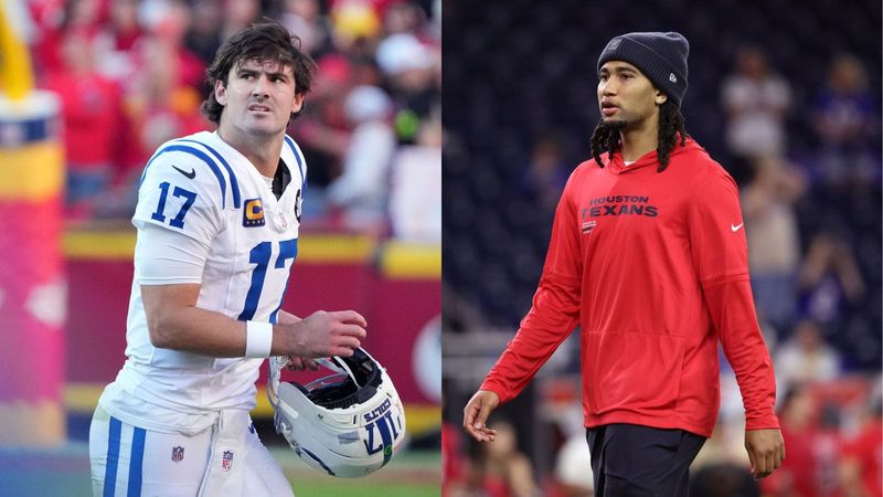 Indianapolis Colts quarterback Daniel Jones (left); Houston Texans quarterback C.J. Stroud