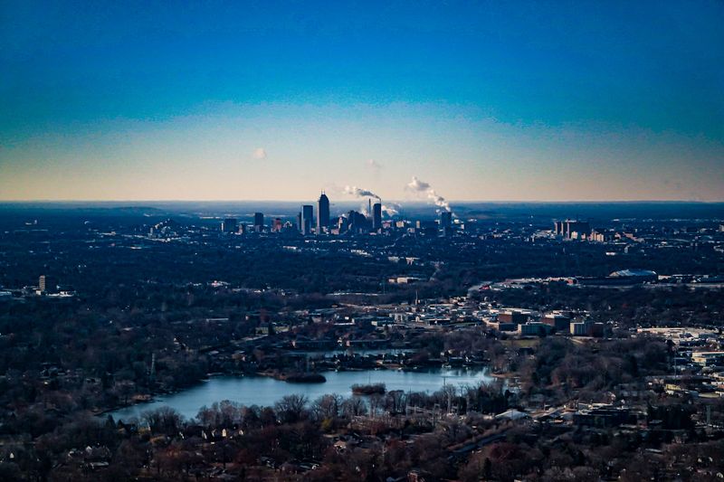 The Indianapolis skyline, helicopter view on Friday, Nov. 28, 2025, in Indianapolis.
