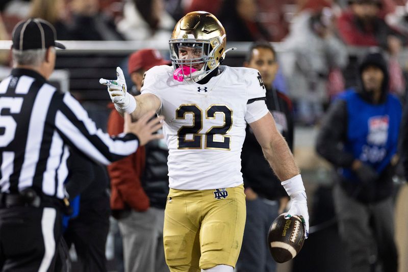 Nov 29, 2025; Stanford, California, USA; Notre Dame Fighting Irish running back Aneyas Williams (22) signals a first down during the second quarter against the Stanford Cardinal at Stanford Stadium. Mandatory Credit: Stan Szeto-Imagn Images