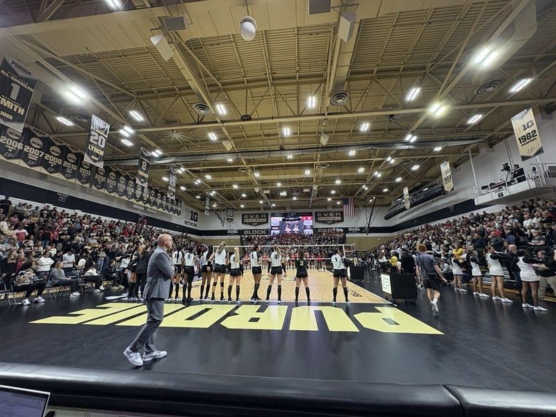 Dave Shondell takes a moment before the national anthem of Purdue's match against Nebraska on Oct. 12, 2025. Shondell told IndyStar he went from considering retirement to one who didn't want to because of this year's team. And the "Ever Grateful" banner at Holloway Gymnasium is a phrase that has stuck with him thanks to his team.