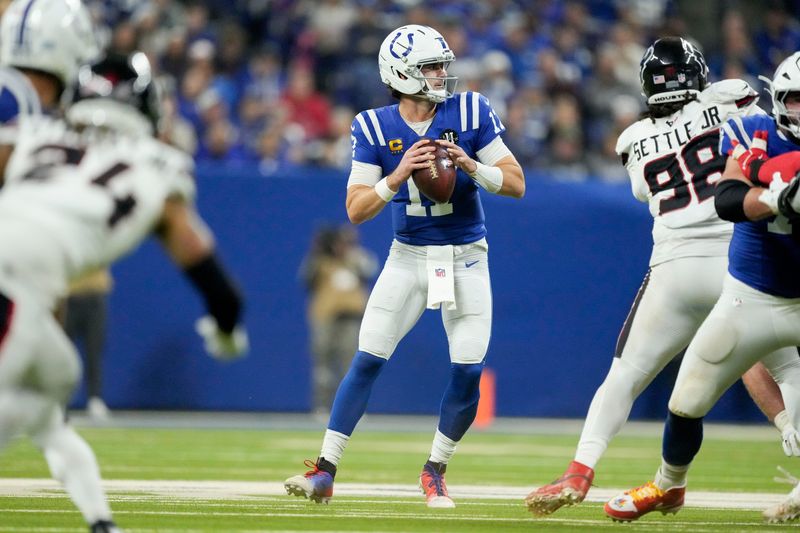 Indianapolis Colts quarterback Daniel Jones (17) looks to pass Sunday, Nov. 30, 2025, during a game against the Houston Texans at Lucas Oil Stadium in Indianapolis.