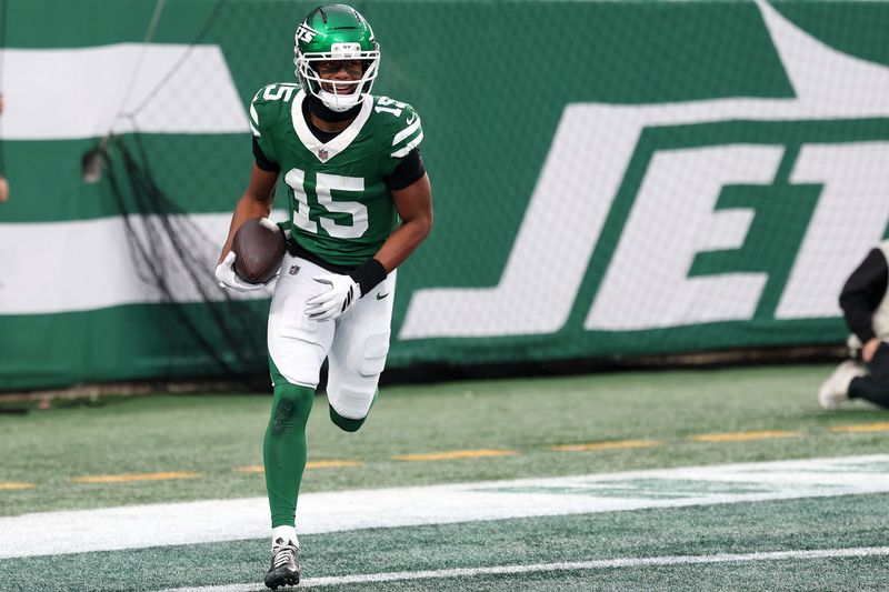 New York Jets wide receiver Adonai Mitchell (15) reacts after a touchdown catch against the Atlanta Falcons during the second half at MetLife Stadium in East Rutherford, New Jersey on Nov. 30, 2025.