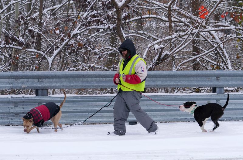 Chris Helms (center) walks his dogs Latte (front) and Gimbo (back) after snow falls Tuesday, Dec. 2, 2025, in downtown Indianapolis.