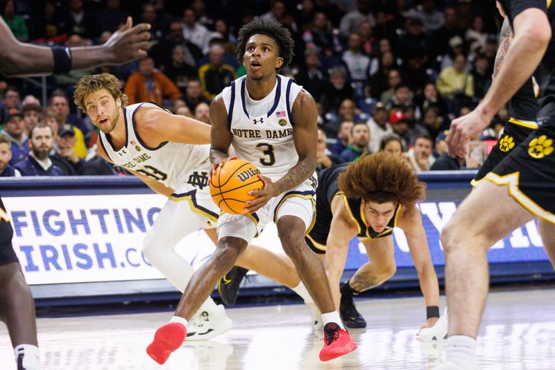 Notre Dame guard Markus Burton (3) drives to the basket during a NCAA men's basketball game against Missouri at Purcell Pavilion on Tuesday, Dec. 2, 2025, in South Bend.